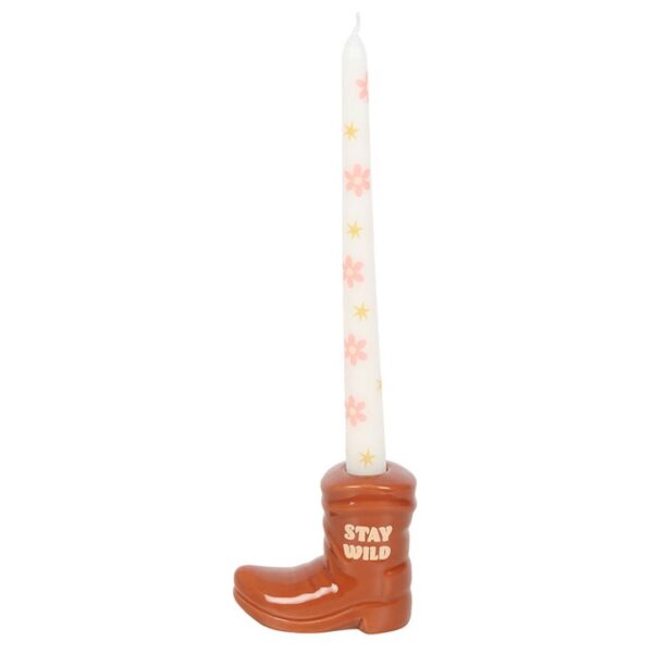 Brown Cowboy Boot Candle Holder with Taper Candle - Image 2