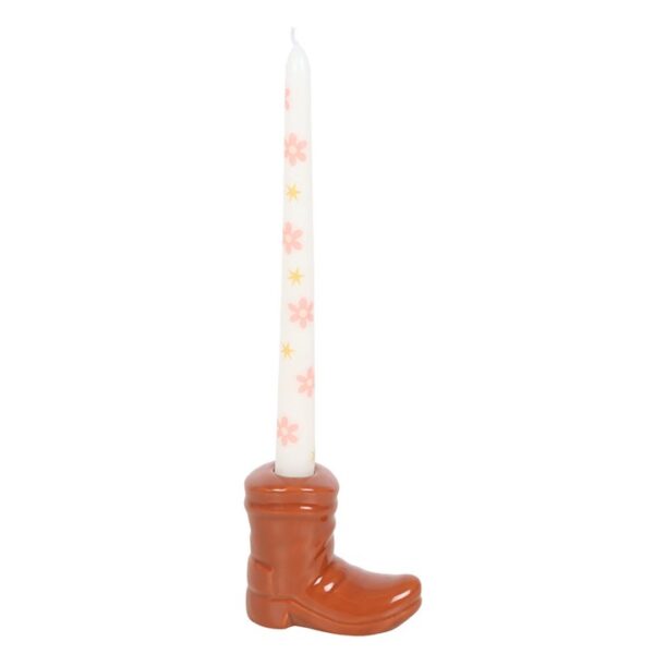 Brown Cowboy Boot Candle Holder with Taper Candle - Image 4