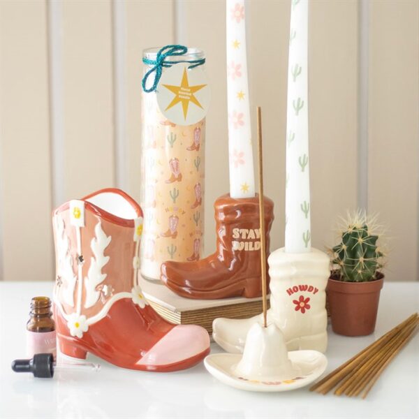 Brown Cowboy Boot Candle Holder with Taper Candle - Image 5