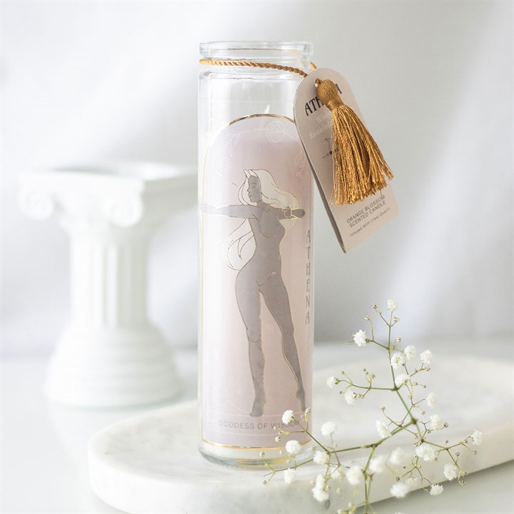 athena goddess tube candle with clear quartz crystals