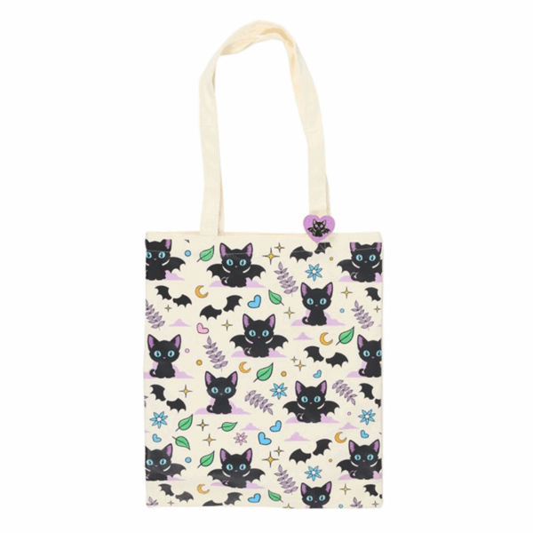 Cute and Creepy Cat Print Polycotton Tote Bag with Enamel Pin - Image 2