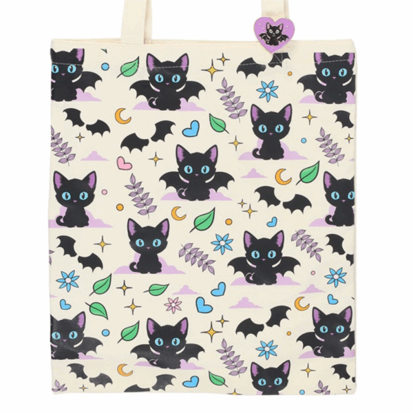 Cute and Creepy Cat Print Polycotton Tote Bag with Enamel Pin - Image 3