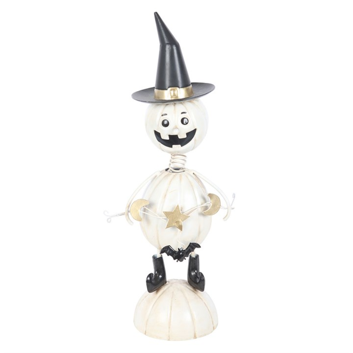 White Metal Pumpkin Man Ornament with Witch Hat - Image 2