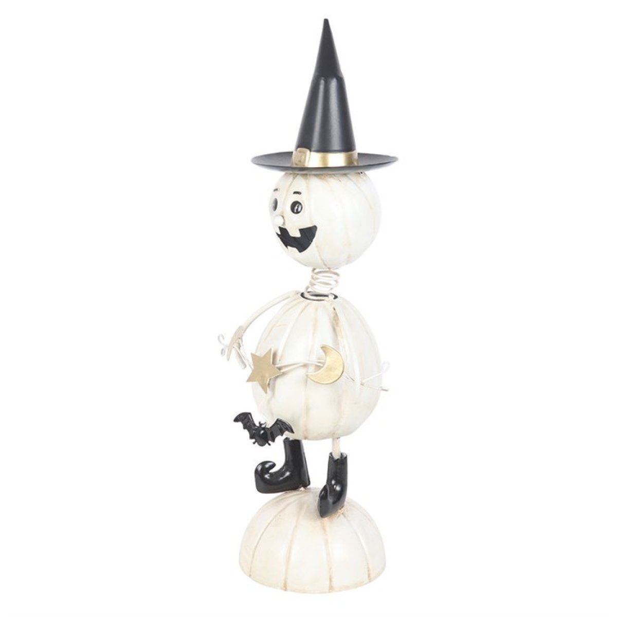 White Metal Pumpkin Man Ornament with Witch Hat - Image 3