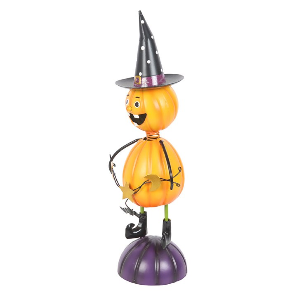 Orange Metal Pumpkin Man Ornament with Witch Hat - Image 3