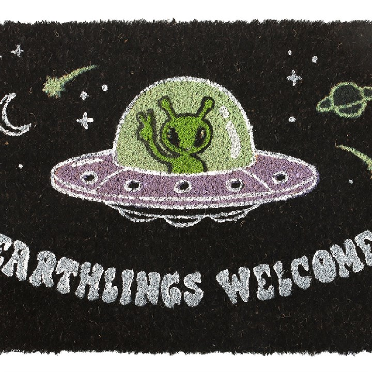 Black Earthlings Welcome Alien UFO Doormat - Image 3