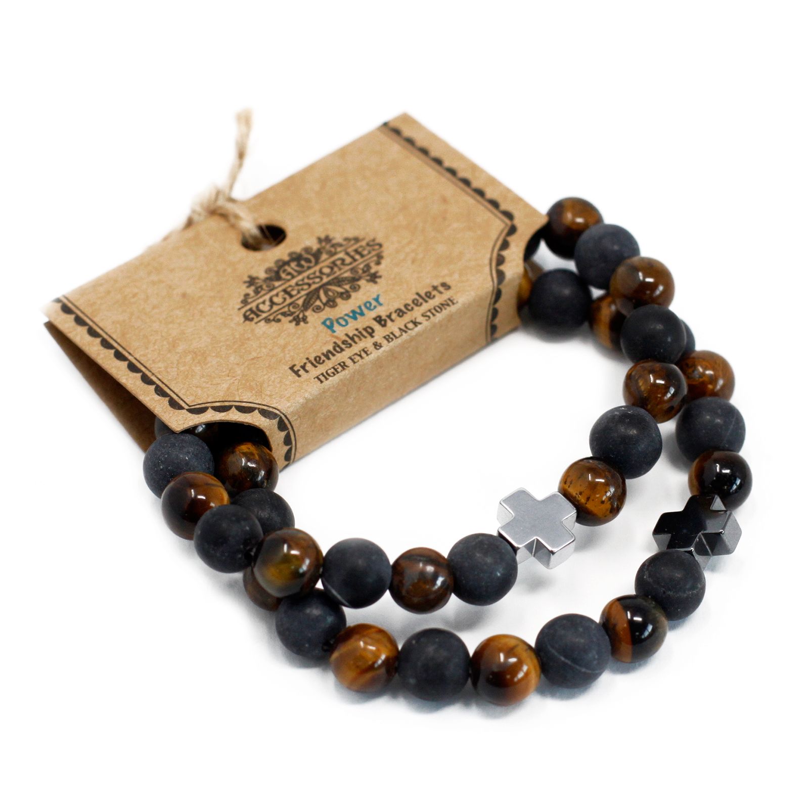 Set of 2 Gemstones Friendship Bracelets - Power - Tiger Eye & Black Stone - Image 2