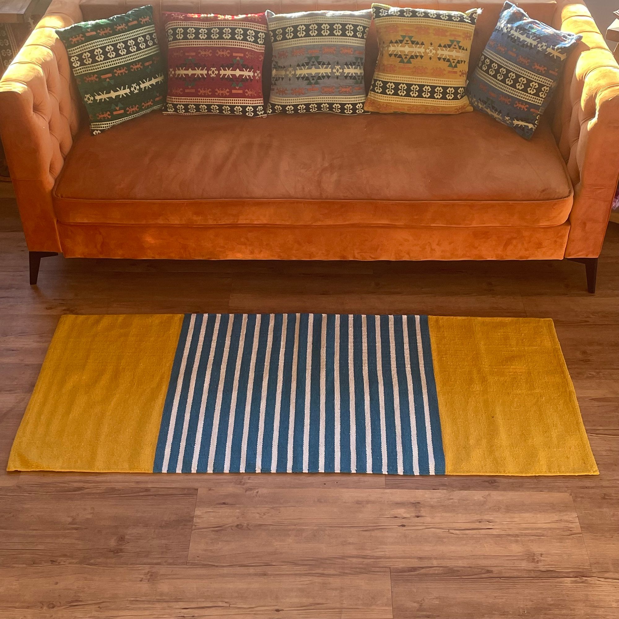 Indian Cotton Rug - 70x170cm - Yellow/ Blue - Image 5