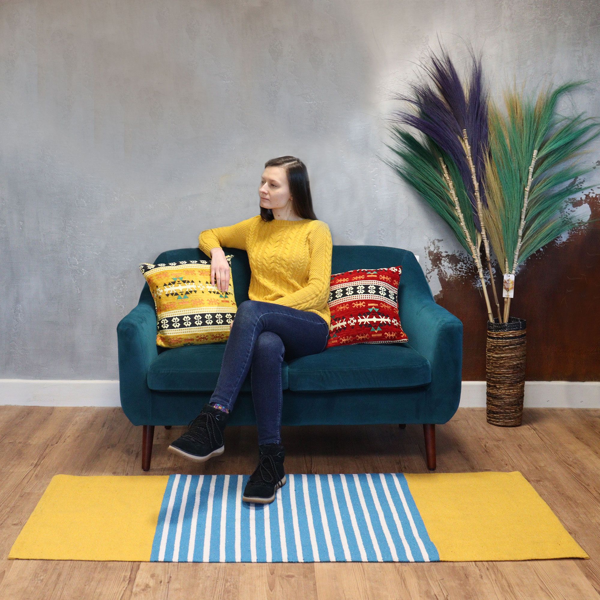 Indian Cotton Rug - 70x170cm - Yellow/ Blue - Image 4