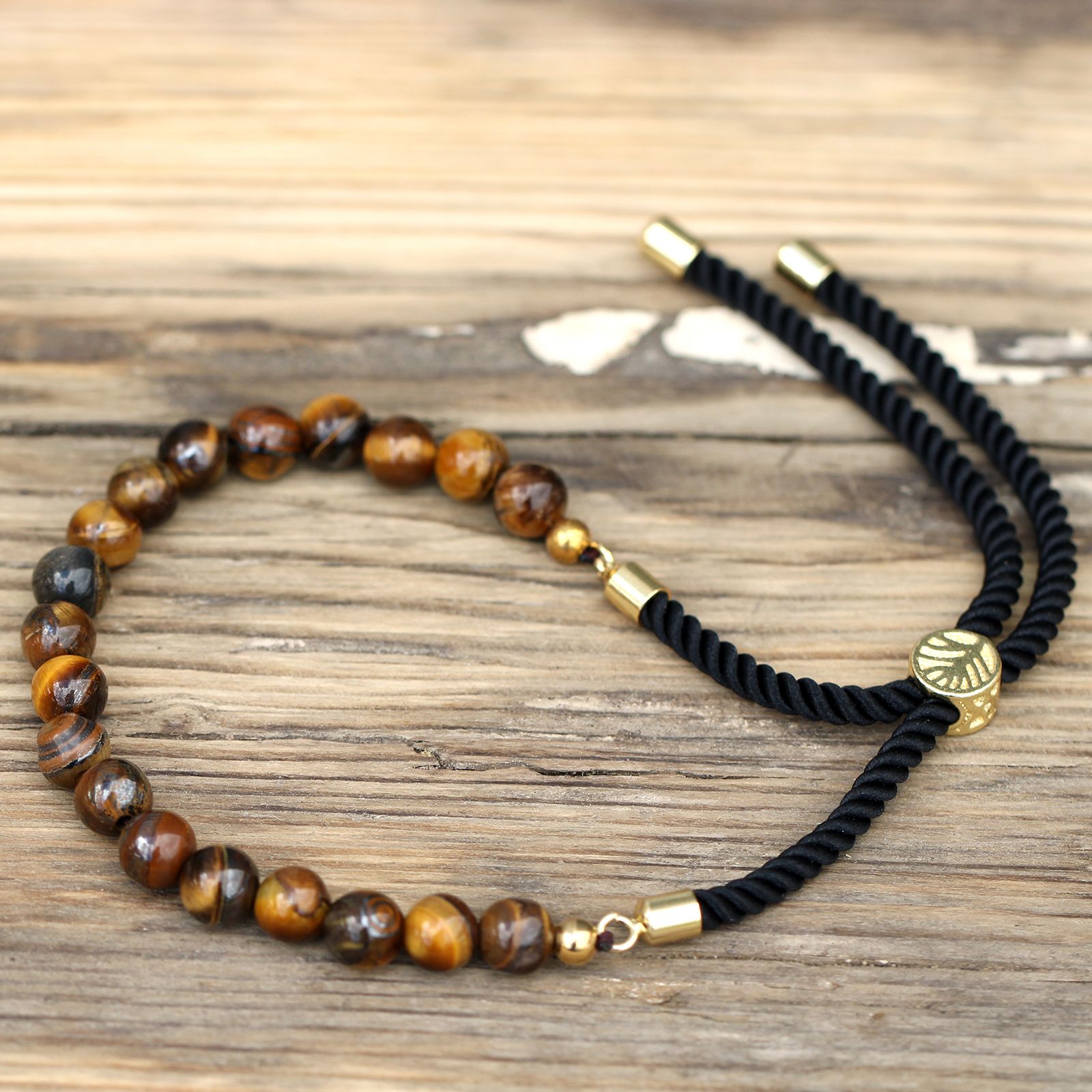 18K Gold Plated Gemstone Black String Bracelet - Tiger Eye - Image 5