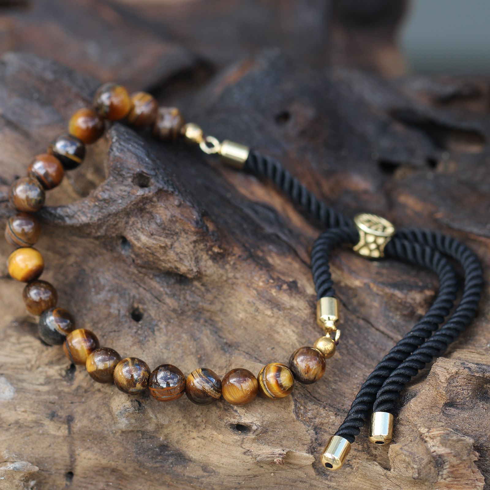 18K Gold Plated Gemstone Black String Bracelet - Tiger Eye - Image 3