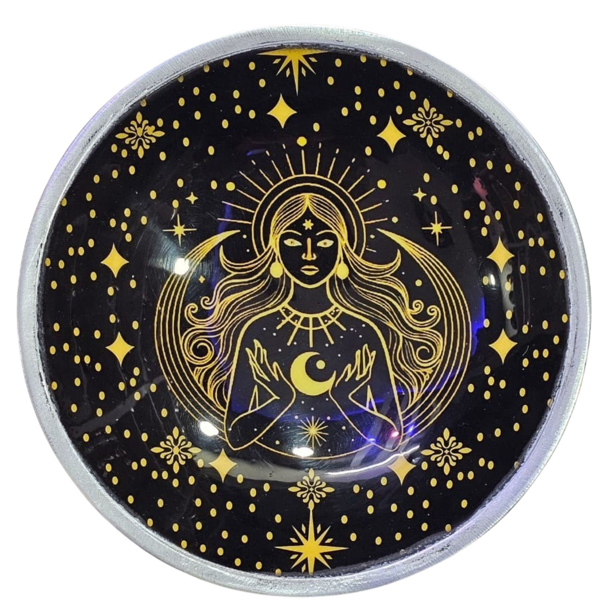 Triple Leg Enamelled Offering Plate - Gold Goddess on Black - Image 2