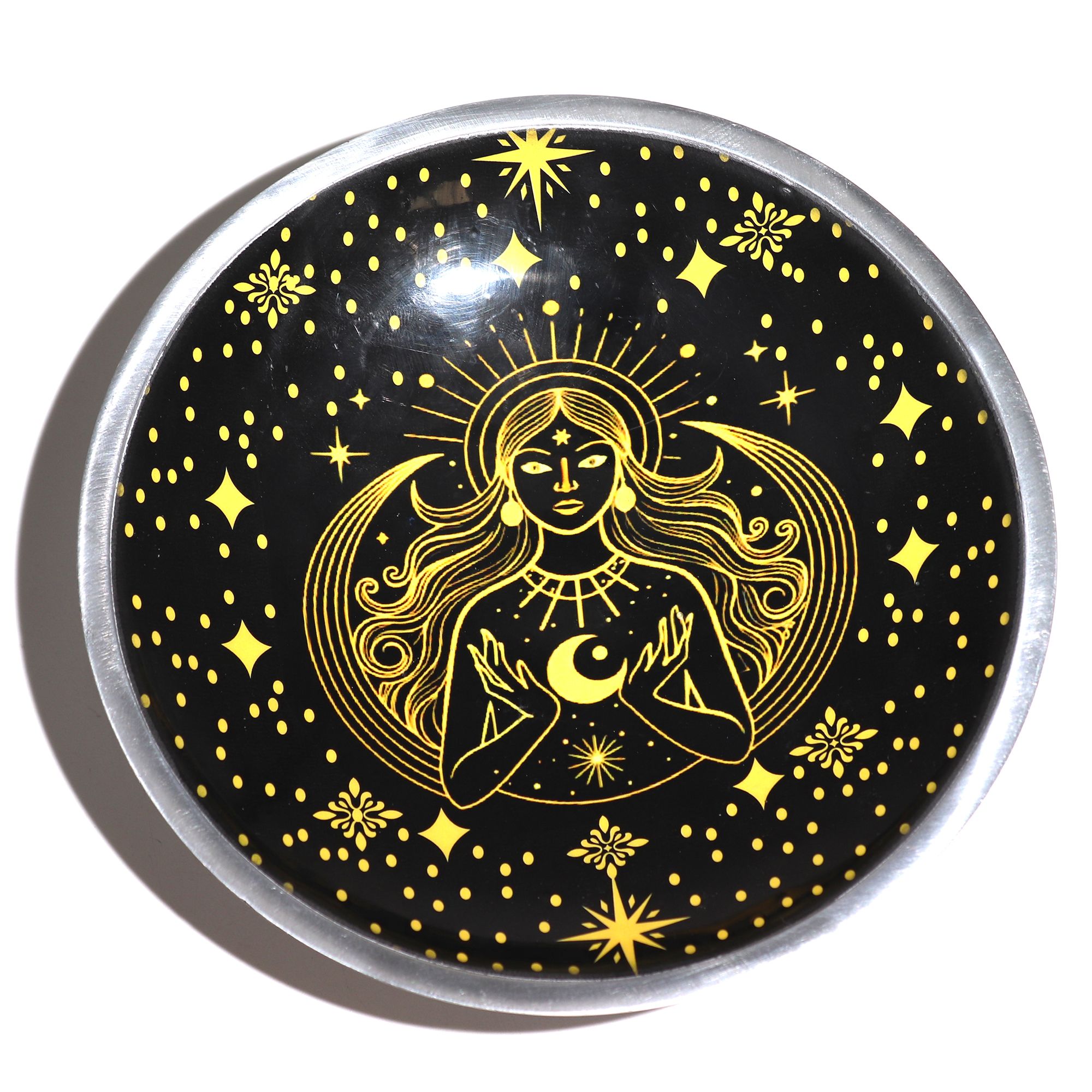 Triple Leg Enamelled Offering Plate - Gold Goddess on Black - Image 3