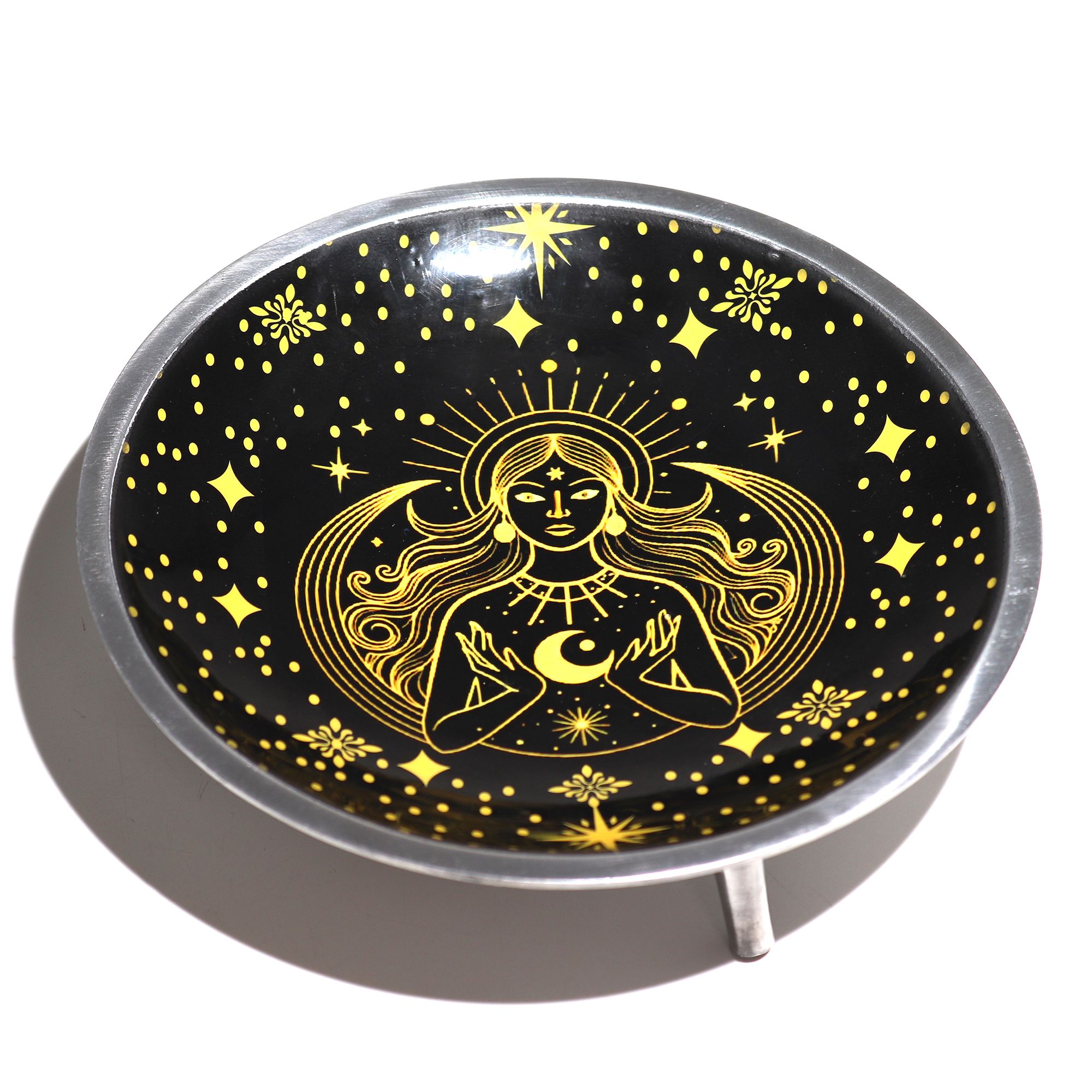 Triple Leg Enamelled Offering Plate - Gold Goddess on Black - Image 4