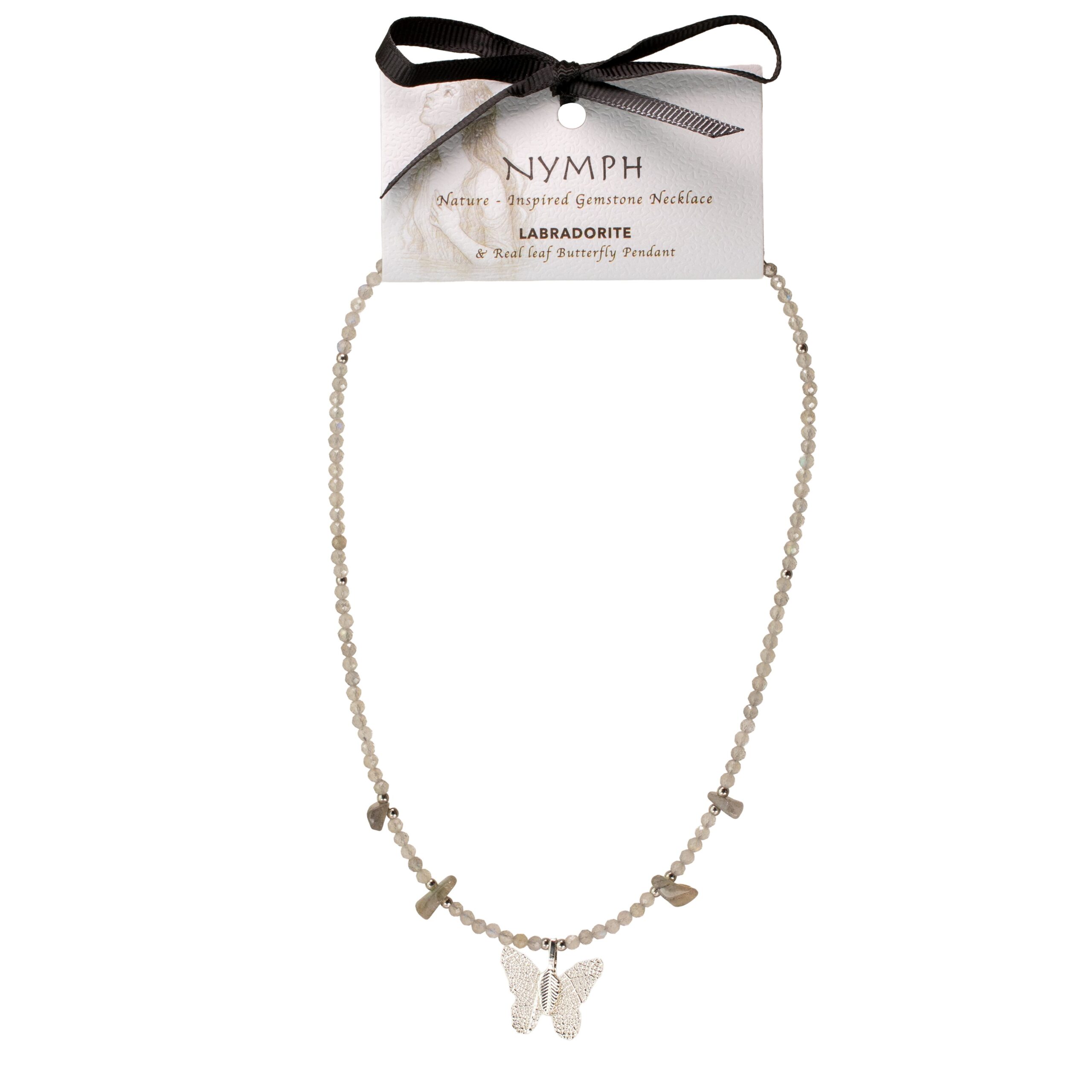 Nymph Labradorite Gemstone Necklace with Real Leaf Butterfly Pendant