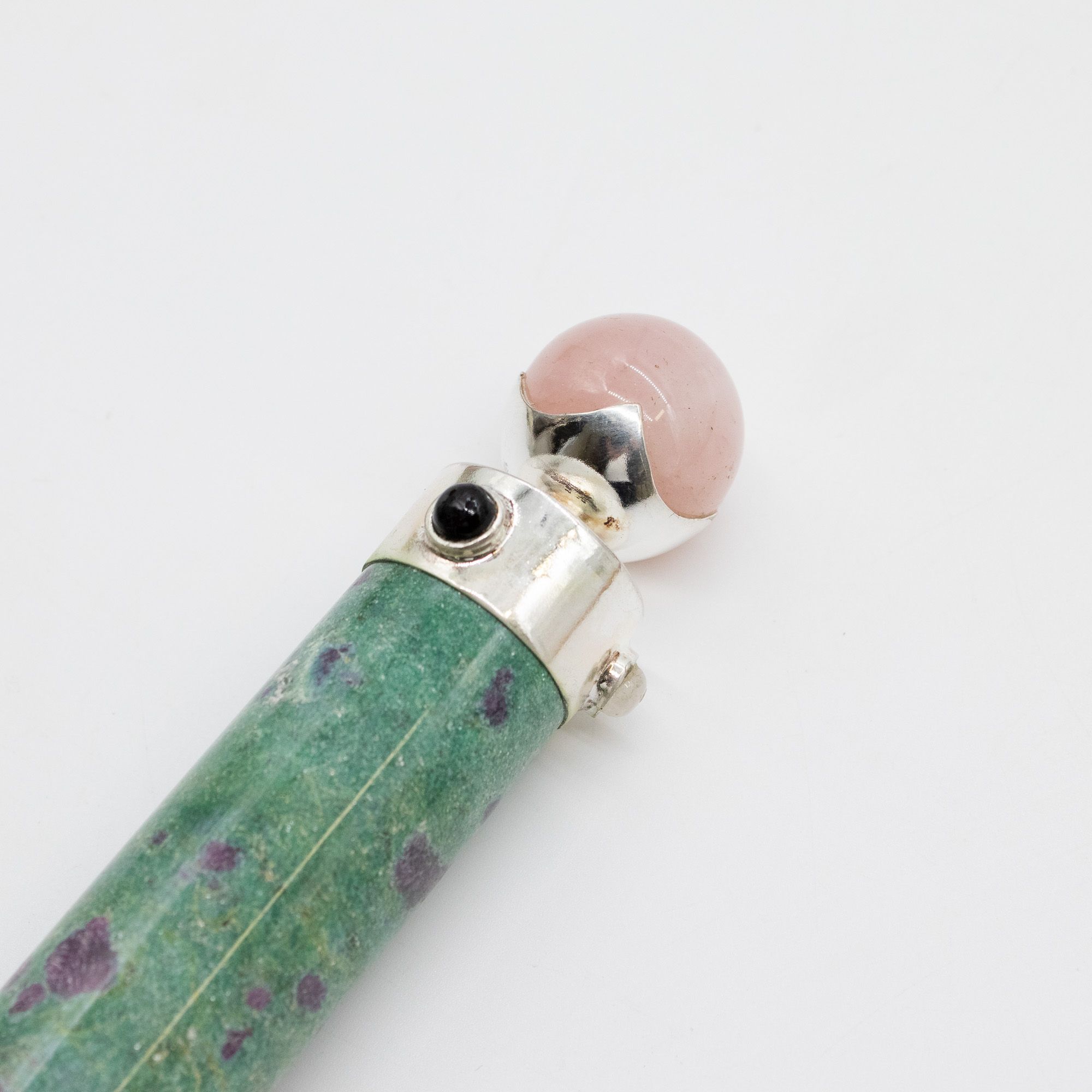 Verdant Heart Wand - Ruby Fuchsite Rose Quartz Crystal Ball top - 23cm - Image 6