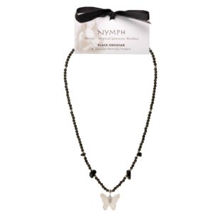 Nymph Black Obsidian Gemstone Necklace with Real Leaf Butterfly Pendant