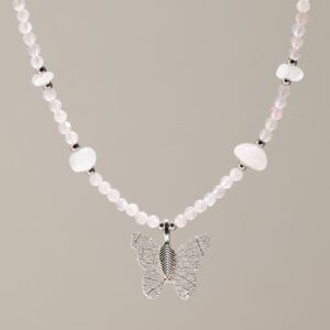 Nymph Rose Quartz Gemstone Necklace with Real Leaf Butterfly Pendant