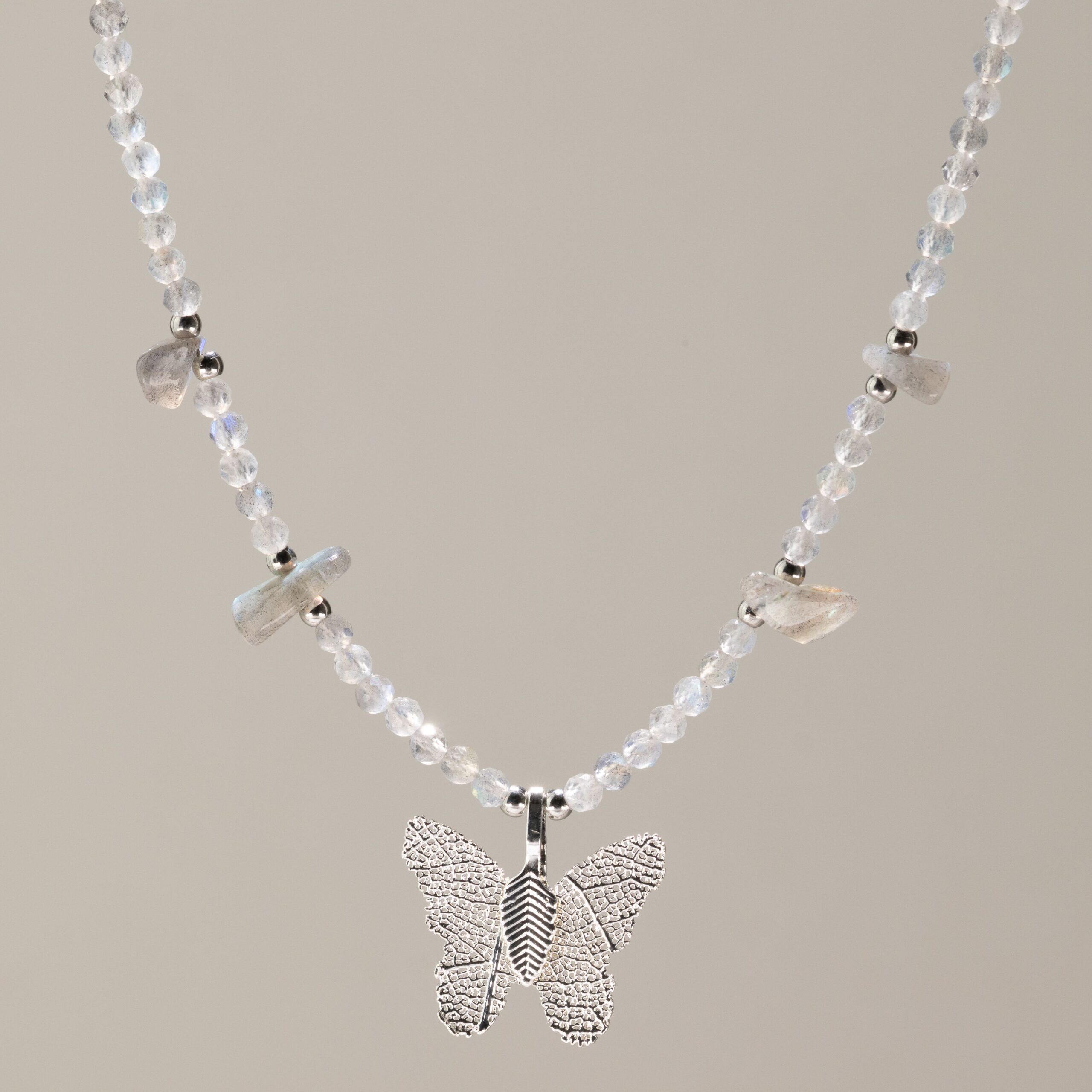 Nymph Labradorite Gemstone Necklace with Real Leaf Butterfly Pendant - Image 4