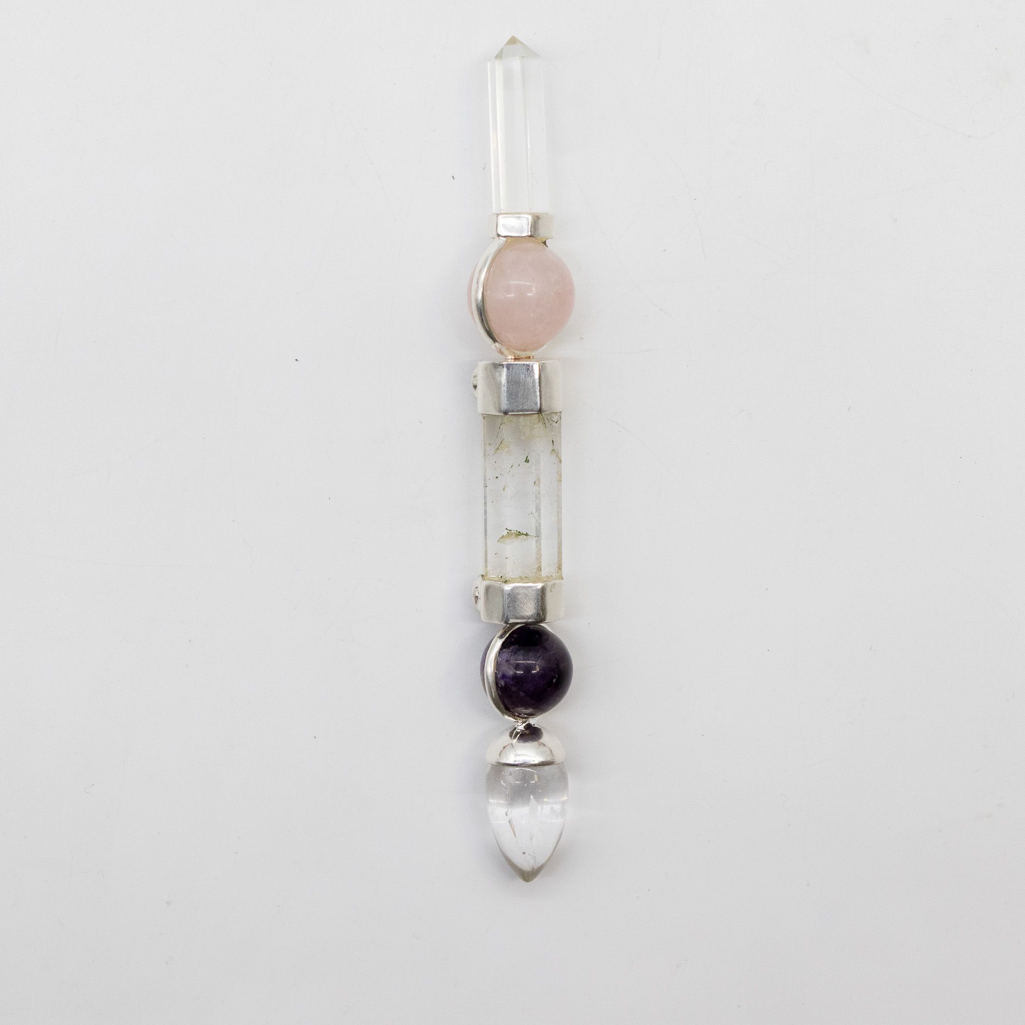 Axis of Grace Wand - Amethyst & Rose Quartz Spheres, Quartz Stem - 12cm - Image 2