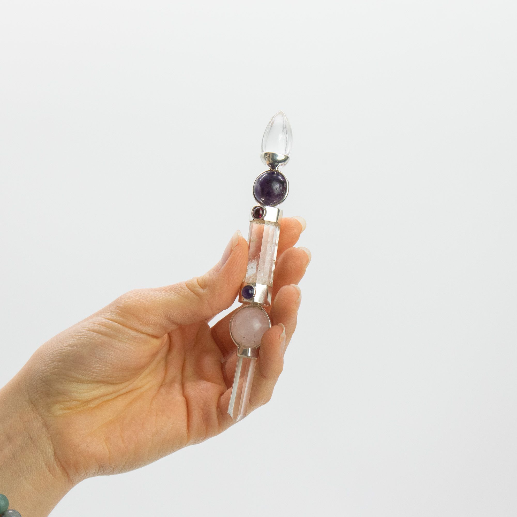 Axis of Grace Wand - Amethyst & Rose Quartz Spheres, Quartz Stem - 12cm - Image 3