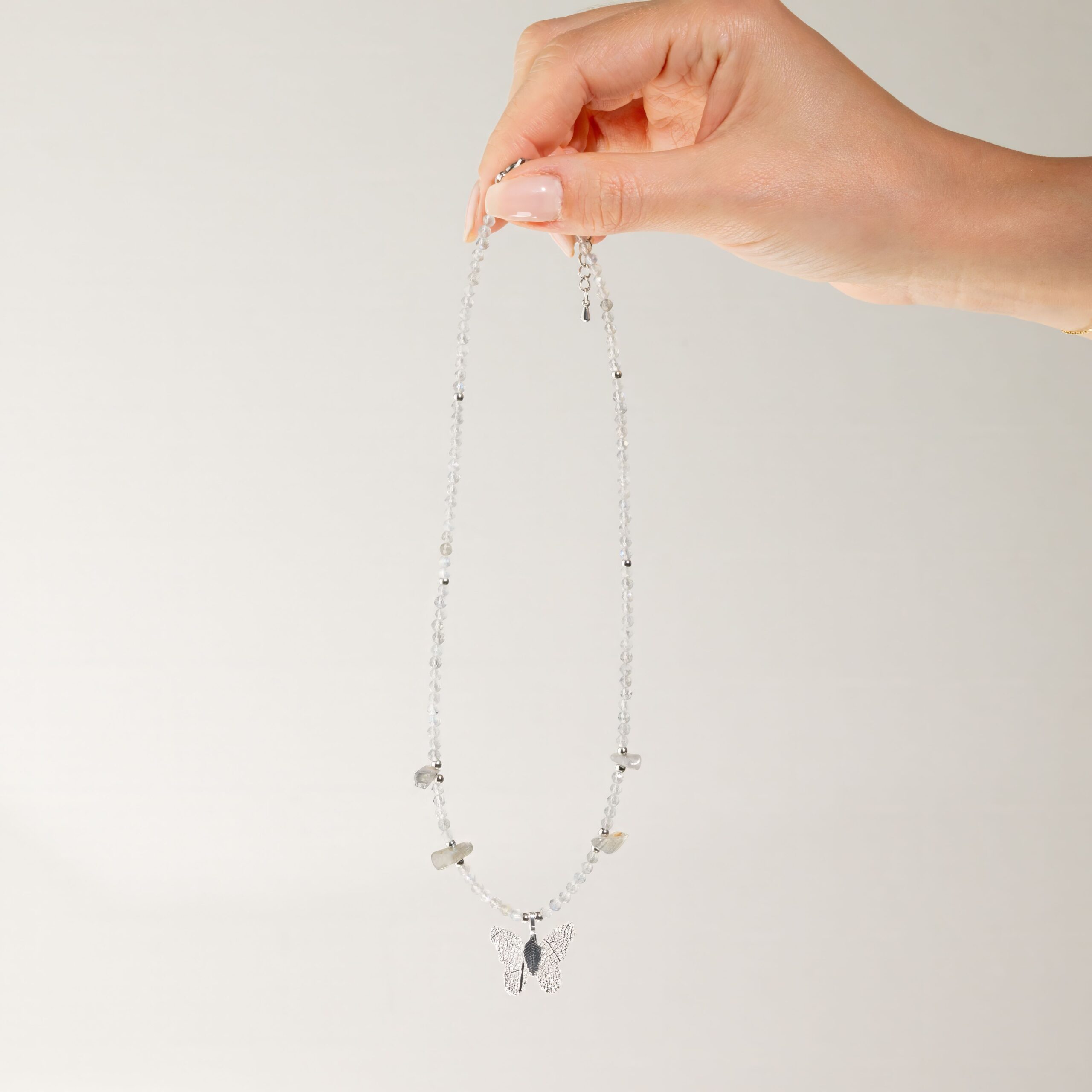Nymph Labradorite Gemstone Necklace with Real Leaf Butterfly Pendant - Image 5