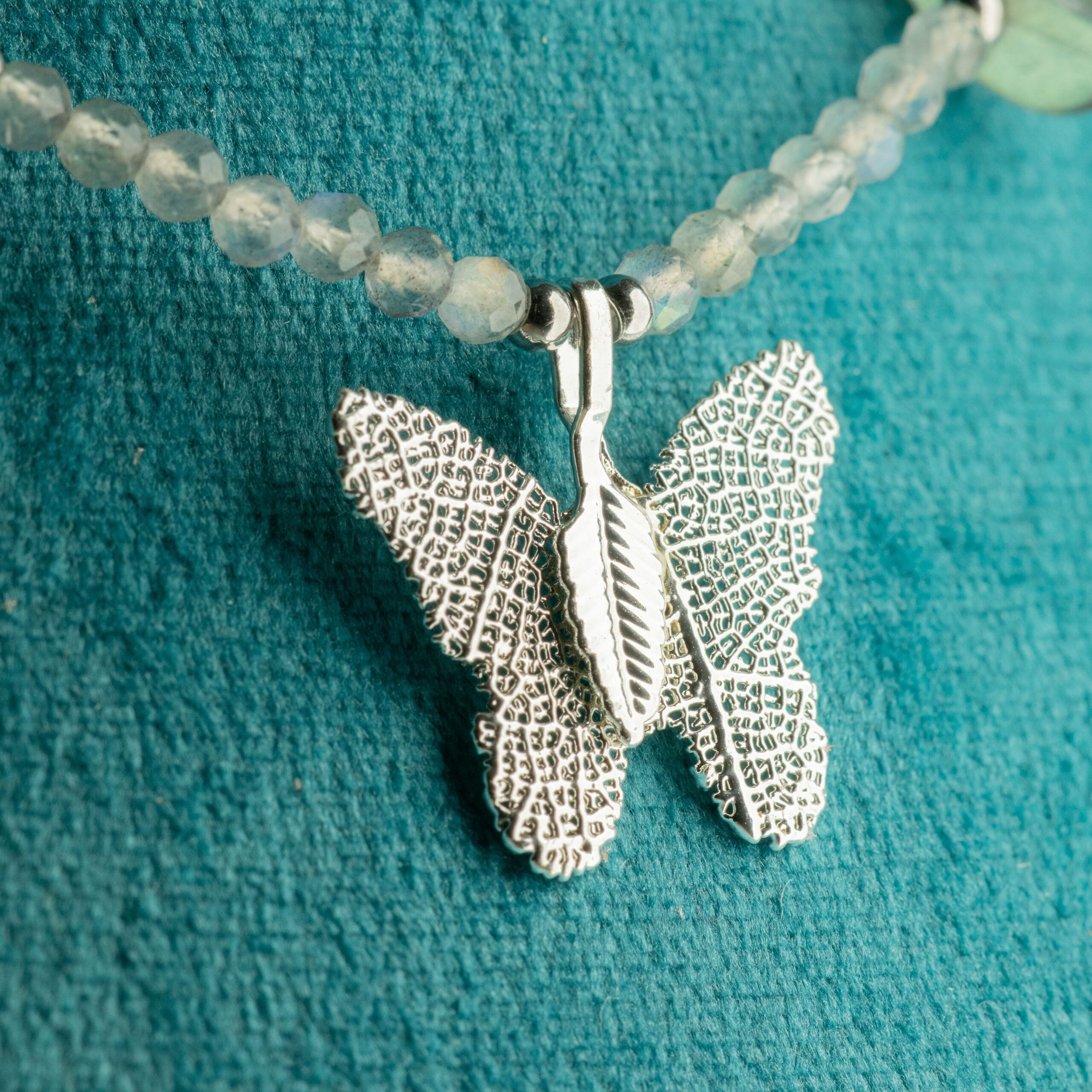 Nymph Labradorite Gemstone Necklace with Real Leaf Butterfly Pendant - Image 2