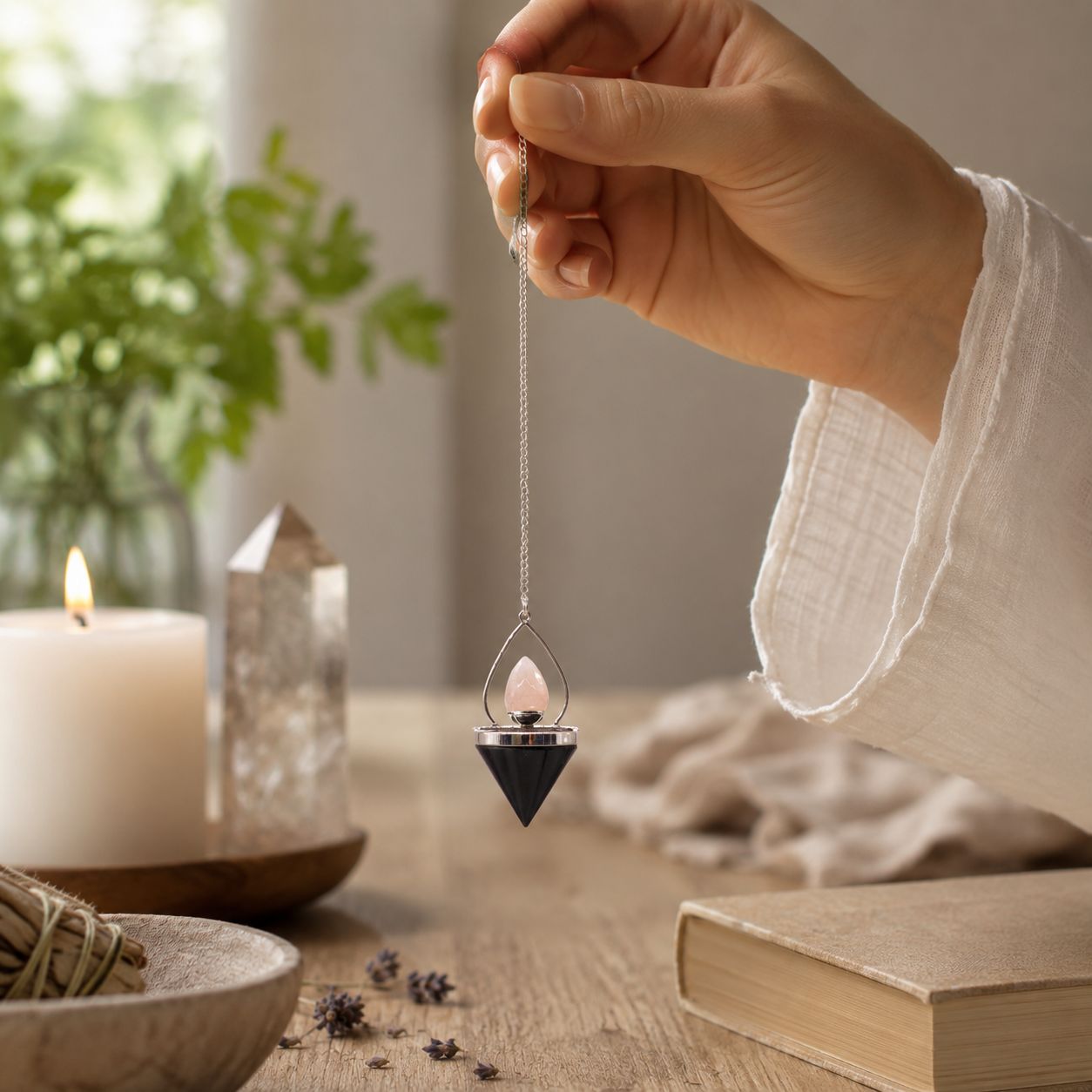 Gemstone Lantern of Life Pendulum - Black Agate & Rose Quartz - Image 3