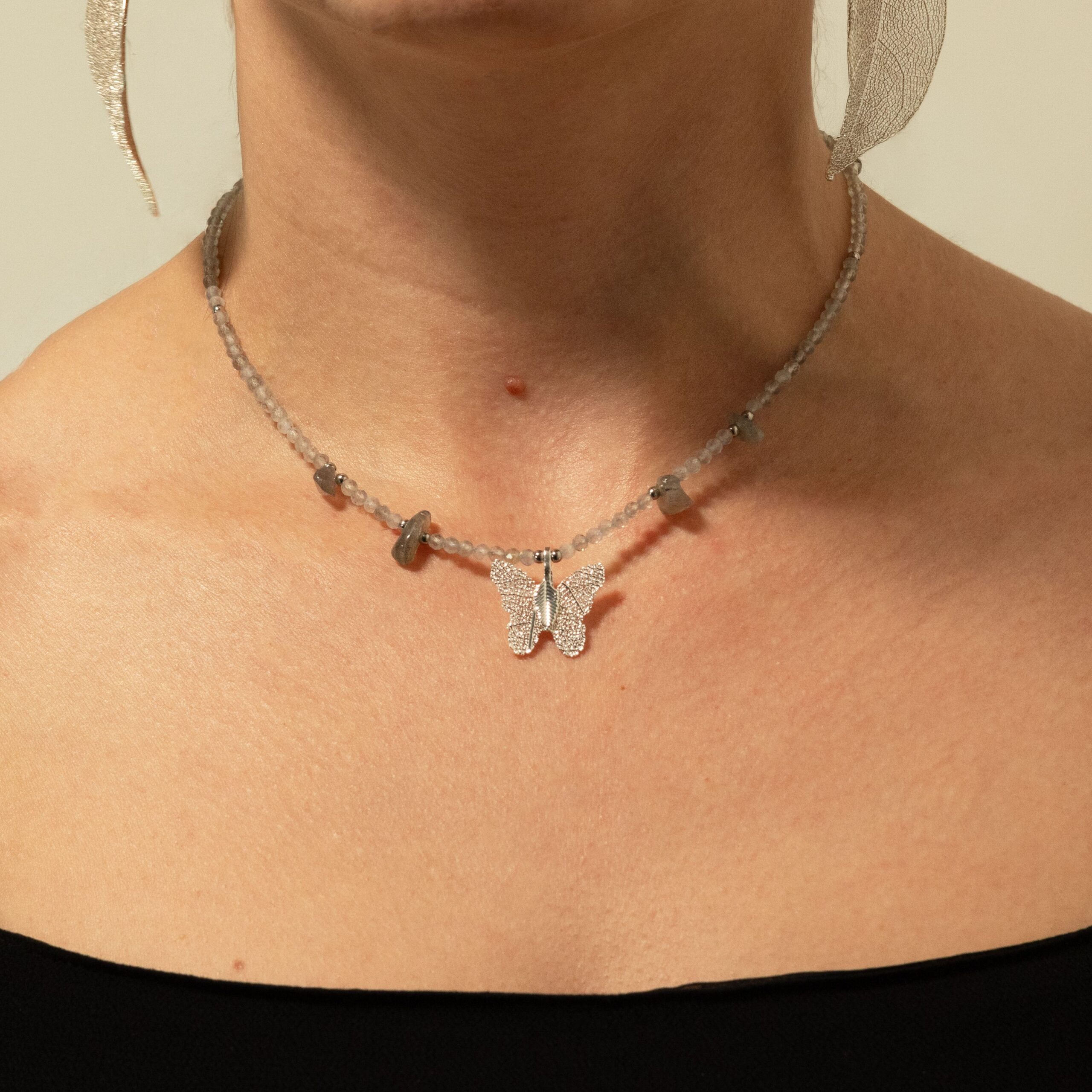 Nymph Labradorite Gemstone Necklace with Real Leaf Butterfly Pendant - Image 8