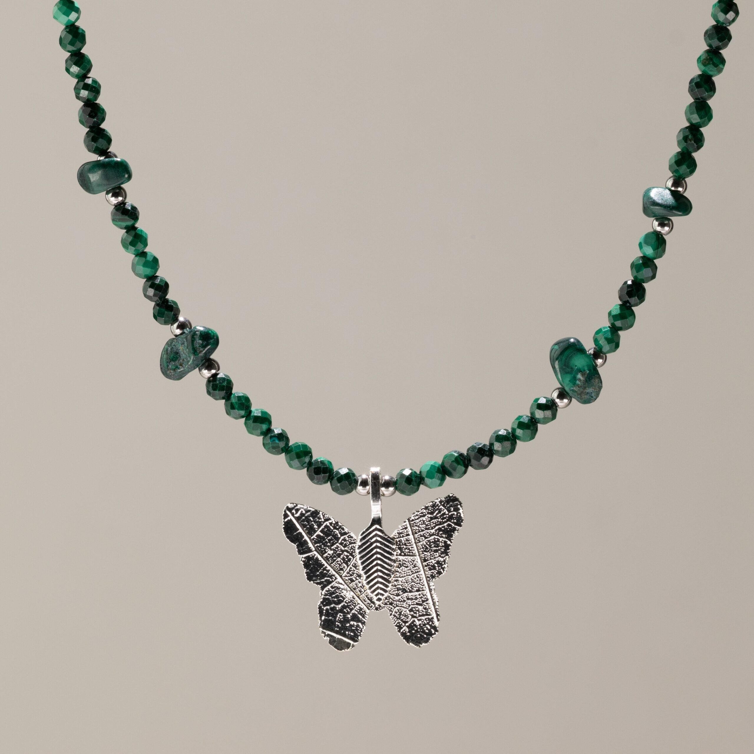 Nymph Malachite Gemstone Necklace with Real Leaf Butterfly Pendant - Image 9
