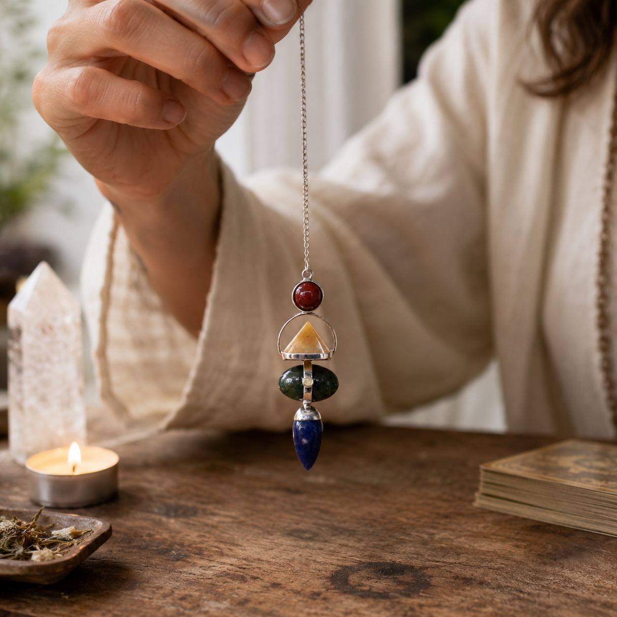 Four Elements Gemstone Pendulum - Red Jasper, Yellow Adventurine, Moss Agate, Sodalite & Moonstone - Image 3