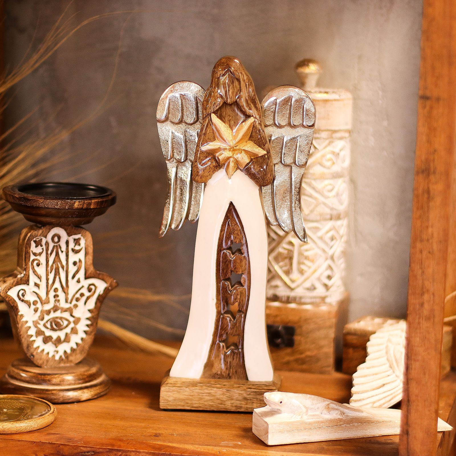 Large Mango Wood Star Angel Metal Wings & Enamel Detail - Image 7